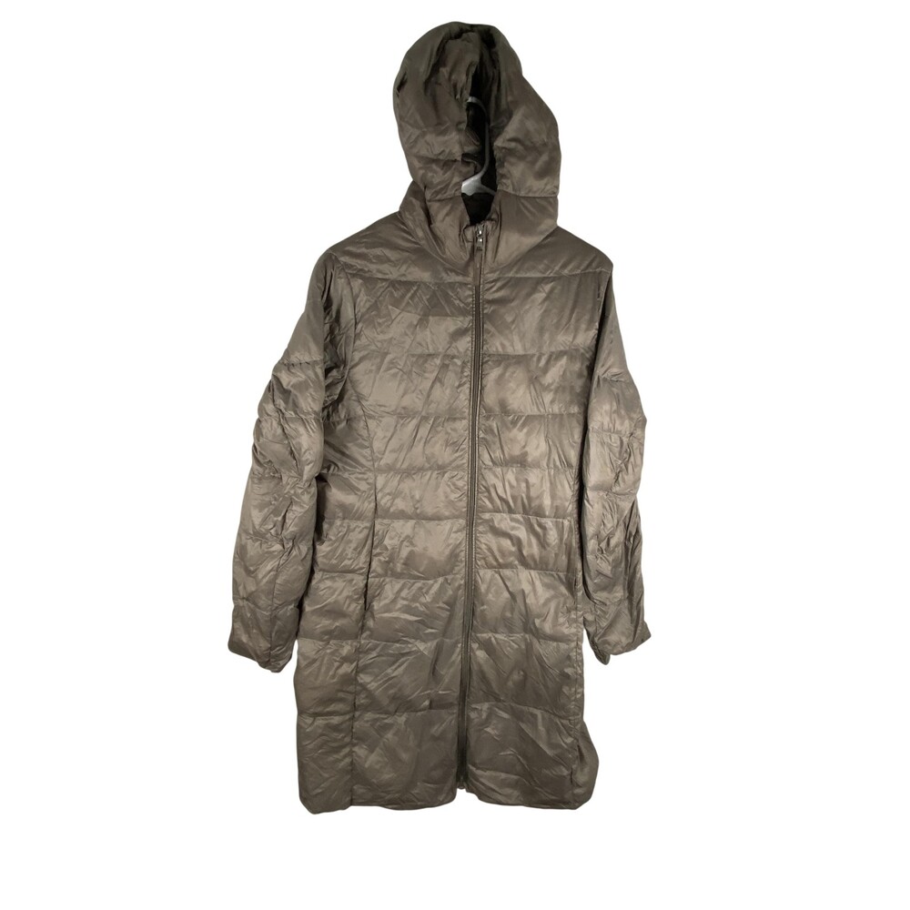 Uniqlo Down Puffer Coat Womens Large Brown Long Hooded Full Zip Quilted Warm